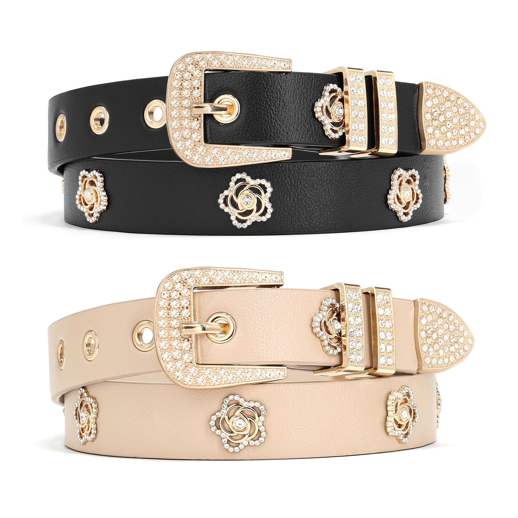 2 Pack Women'S Studded Belt Rhinestone Floral Rivet Punk Y2K Skinny Belts for Women for Jeans Pants Dresses