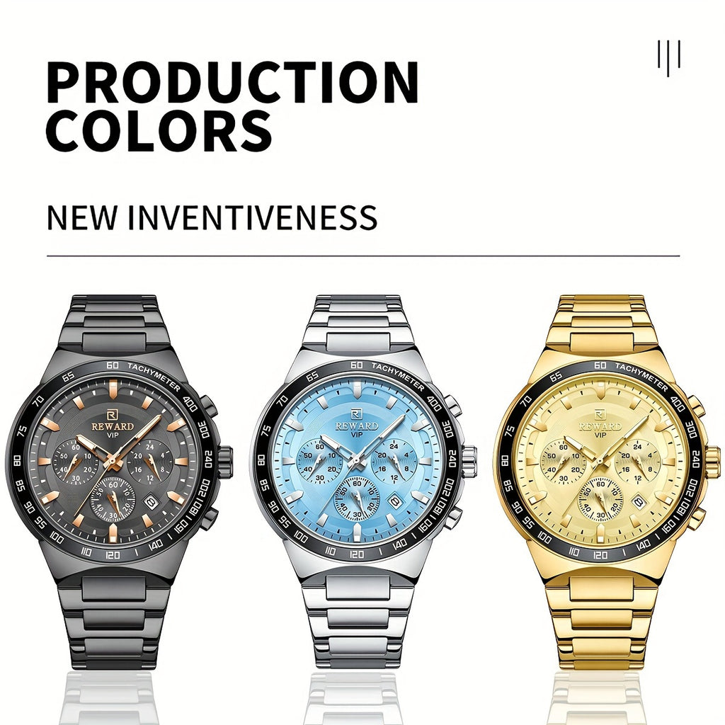 REWARD VIP Ice -Blue Quartz Watches For Men Sport Chronograph Luminous Wrist Watches Stainless Steel Wristwatch
