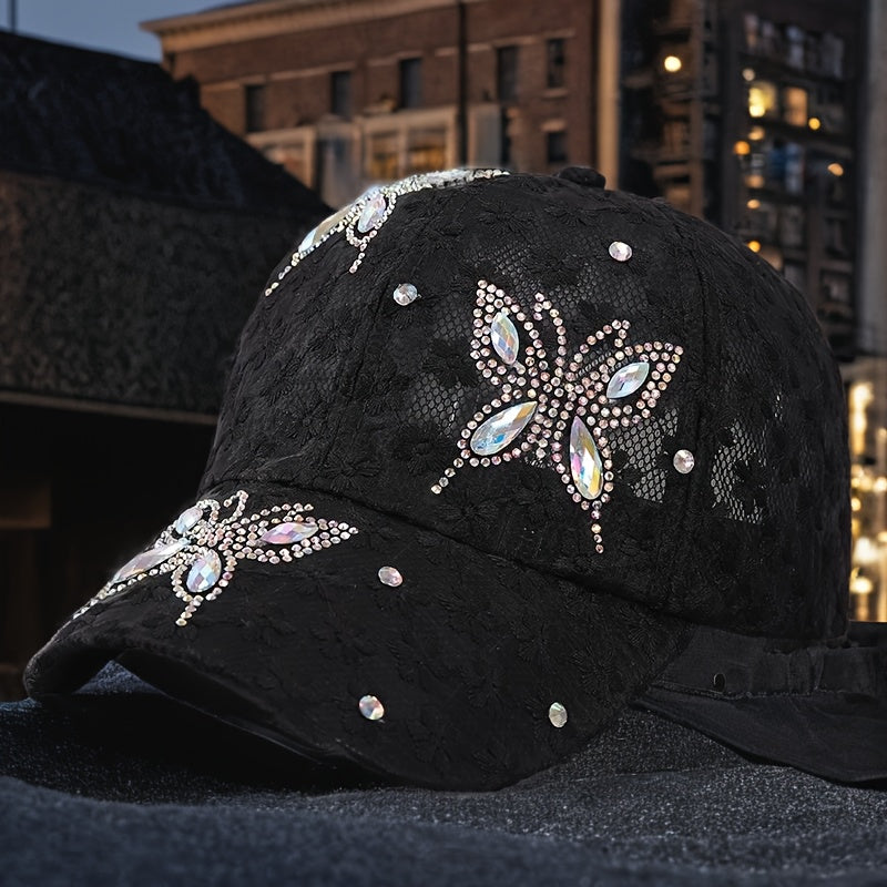 Women' Sparkling Sequin Butterfly Baseball Cap - Glitter Hat with Lace Mesh Sun Shield, Breathable Windproof Adjustable Buckle for Dance Parties, Prom, Outdoor - Suitable for Ladies, Gift for Friends