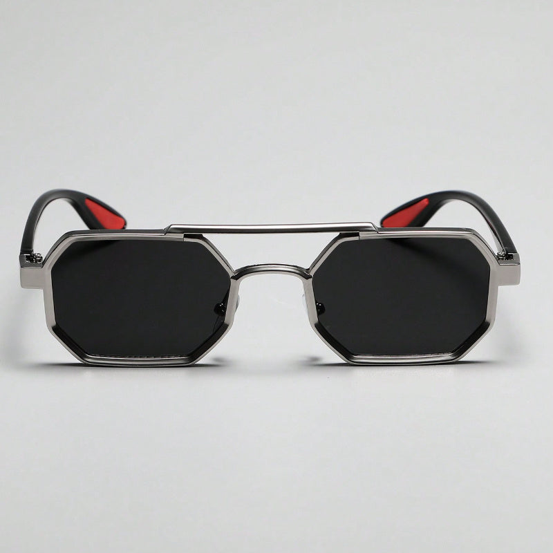 1pc Geometric Metal Frame Sunglasses with Double Bridge - Unisex Fashion Eyewear with AC Lenses for Casual Looks