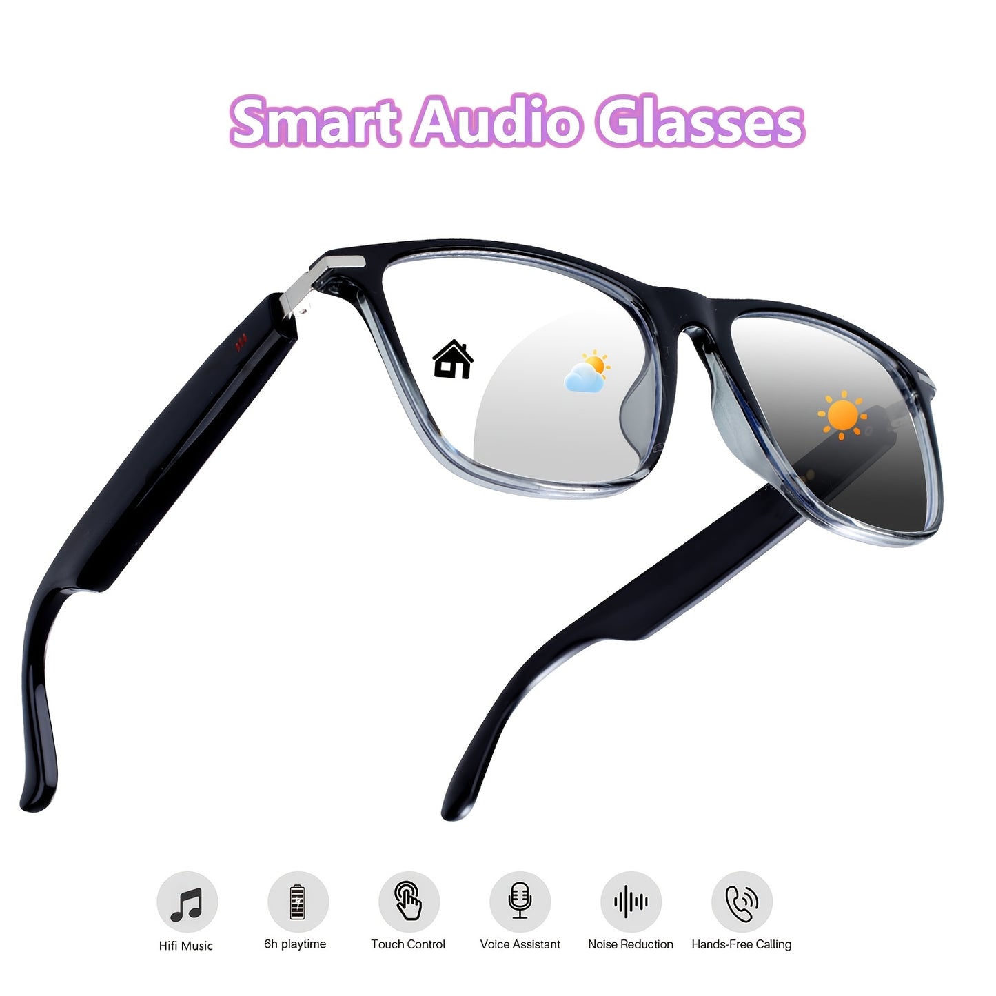 Smart Audio Glasses with Photochromic Lenses - Bluetooth Sunglasses for Music Calls Driving Sports, Anti Blue Light Auto Color Changing Unisex Eyewear in Gray Blue Black Transparent Coffee Yellow Silver