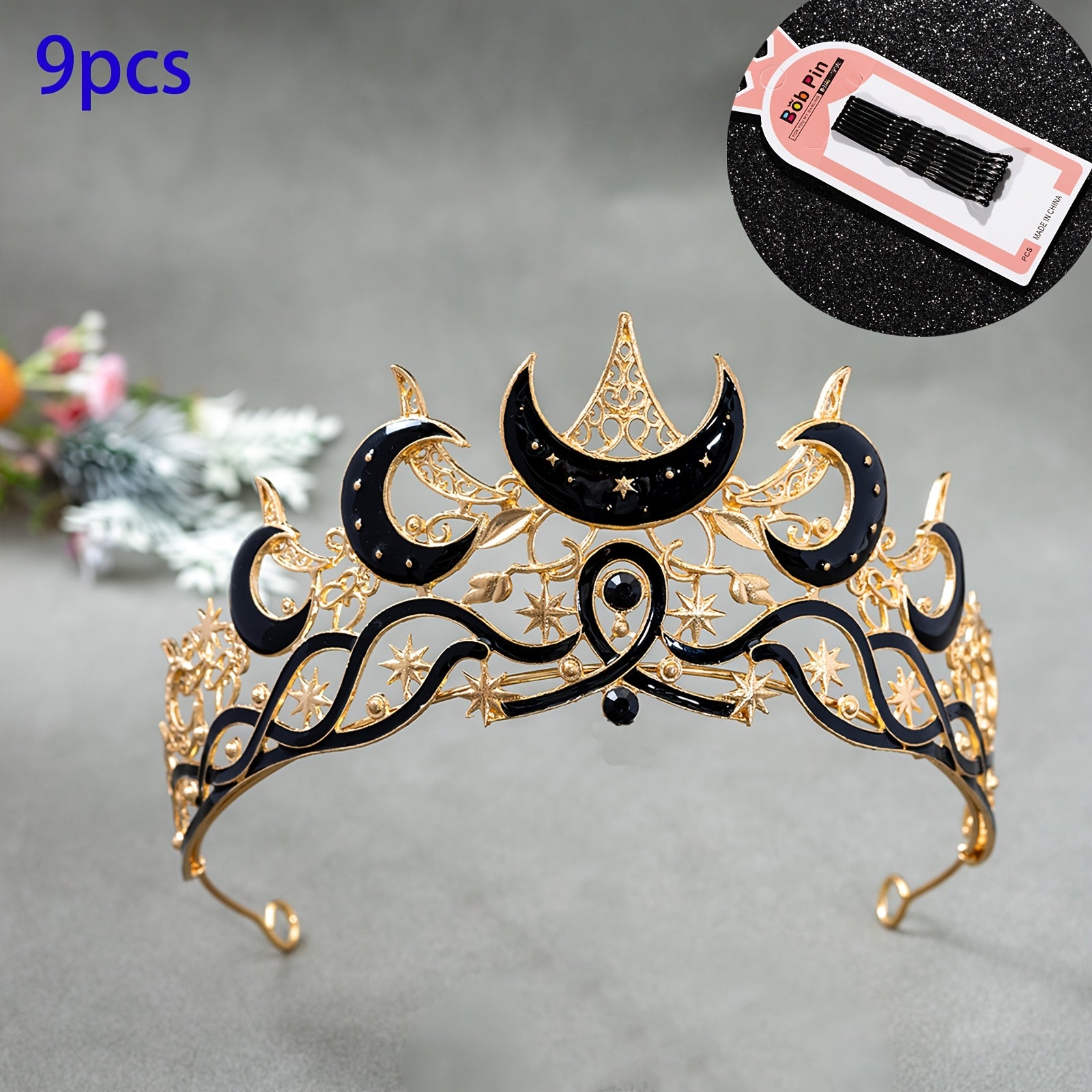 Crown Featuring a Gothic Black Crescent Moon Design for Both Men And Women, Adorned with Stars. This Dark Aesthetic Tiara Is Perfect for Witch, Pagan, Or Wiccan Themes, Ideal for Halloween Cosplay, Costume Parties, Stage Performances, Weddings