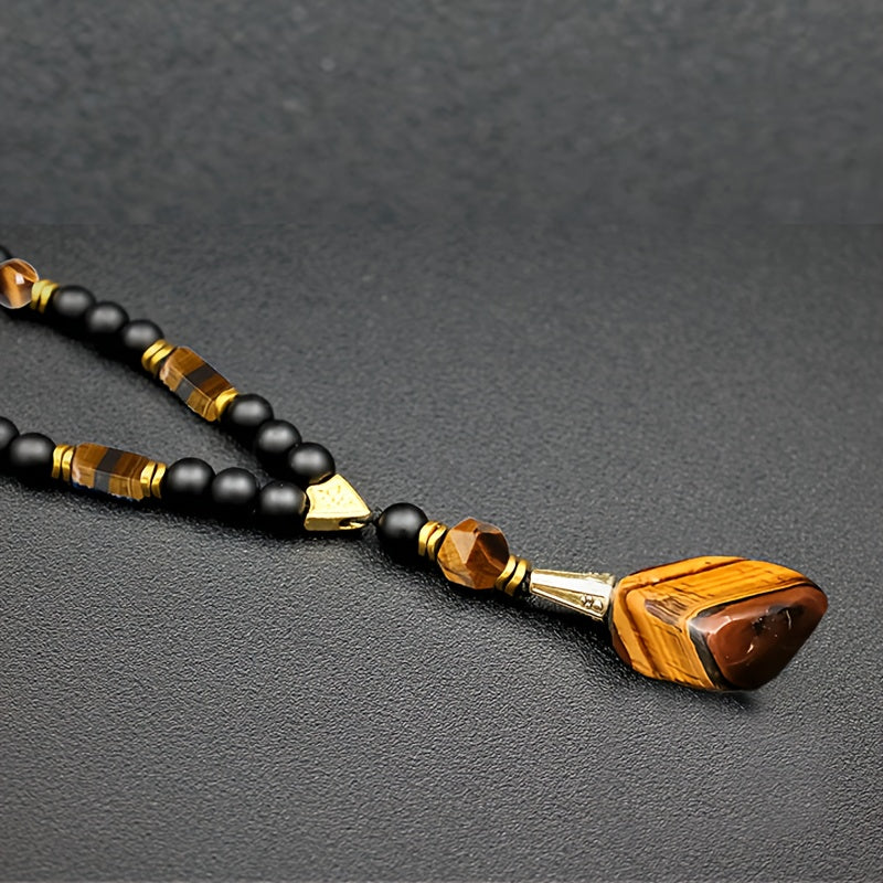 Stylish 8Mm Natural Stone Tiger Eye Pendant Necklace for Men - Adjustable Long Chain with Black Agate Beads - A Distinctive Christmas Gift Idea Featuring a Creative Natural Stone Necklace