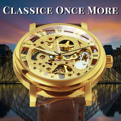 Skeleton Mechanical Watch for Men Hand Wind Gold Luxury Open Dial 38mm Stainless Steel Case Luminous Hands Retro Business Casual Wristwatch, No Battery Needed