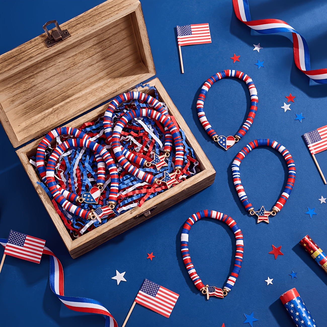 Patriotic Stretch Bracelets Bulk Red White Blue Polymer Clay Bead Bohemian Retro Women 4th of July Party Favors Everyday Wear Gift Set 15pcs 30pcs