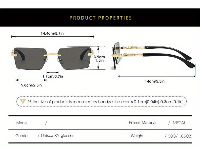 Unisex Luxury Frameless Black And Golden Sunglasses with Leopard-Decorated Arms - UV400 - Narrow Rectangular Lens - Includes Protective Case And Cleaning Cloth - High-End Gift for Men And Women - Stylish Eyewear for Driving, Travel, And Parties