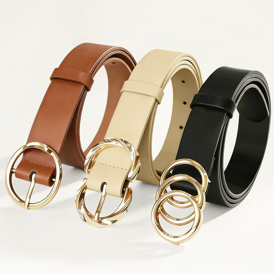 3pcs Set of Women'S Easy And Fashionable Versatile Belt, Jeans Dress Classic Belt, Three-Ring, Two-Ring And One-Ring Metal Buckle Design, Solid Color Elegant Belt, Daily Commuting Waist Additions, Multi-Functional