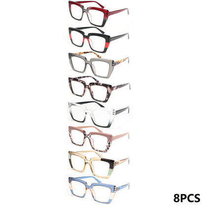 Reading Glasses 8-Pack Retro Print Color Clash Rectangular Spring Hinge Women Fashion Party Holiday Gift Eyewear Magnification +100 to +400 Colorful Trendy