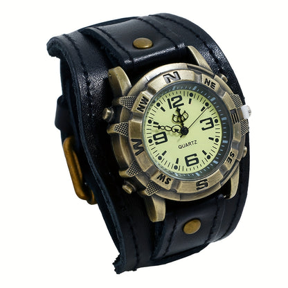 Steampunk Watch Vintage Wide Leather Strap Analog Quartz Wristwatch for Men Women Biker Watch Round Alloy Case Halloween Christmas Father's Day Gift