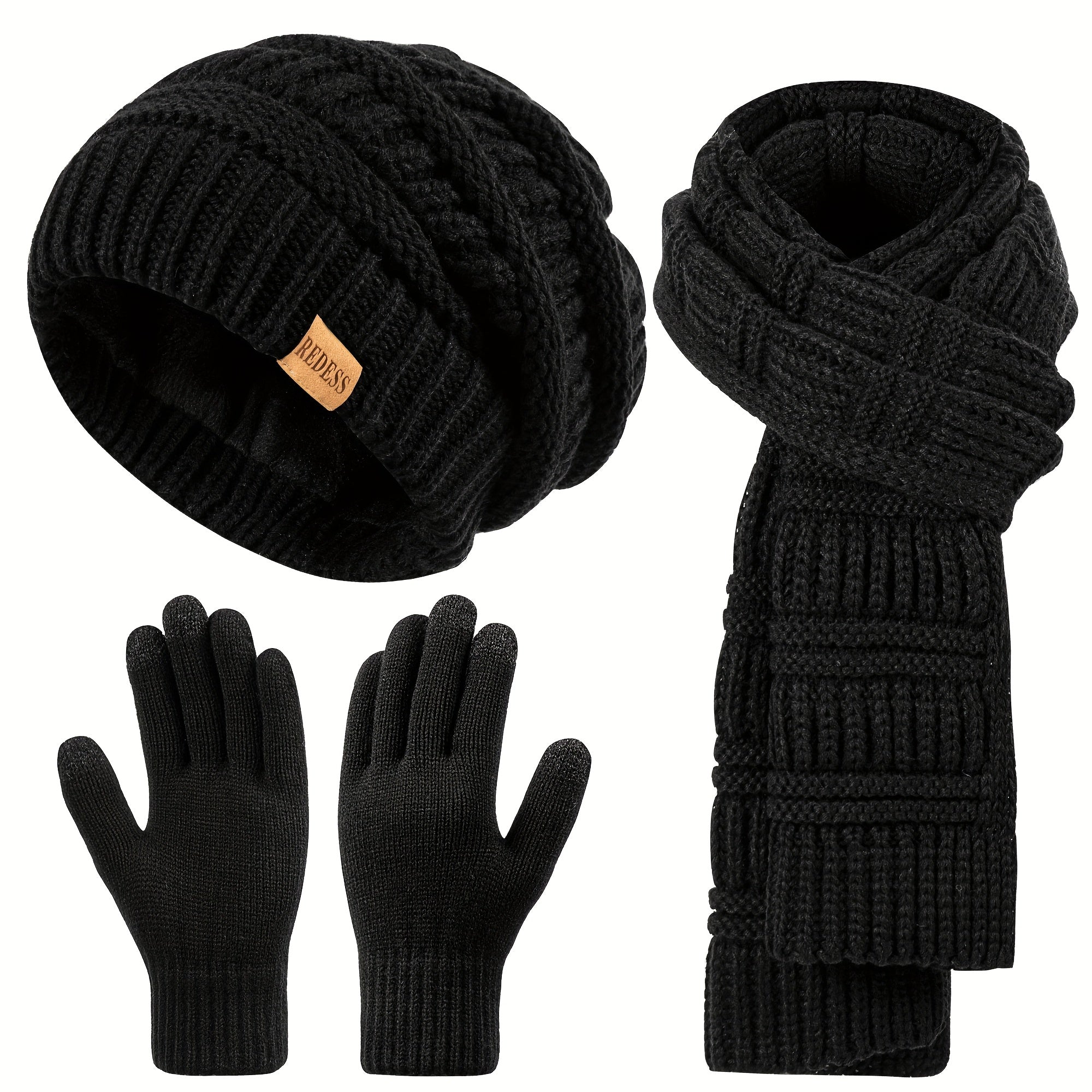 Women'S 3-in-1 Winter Set: Hat, Long Scarf & Touchscreen Gloves - Soft Warm Neck Warmer, Elastic Fit for Smartphones/Camera Use, Elegant Solid Color (/PinkRed/) - Christmas & Thanksgiving Gifts for Women, Durable & Versatile Cold Weather Accessories