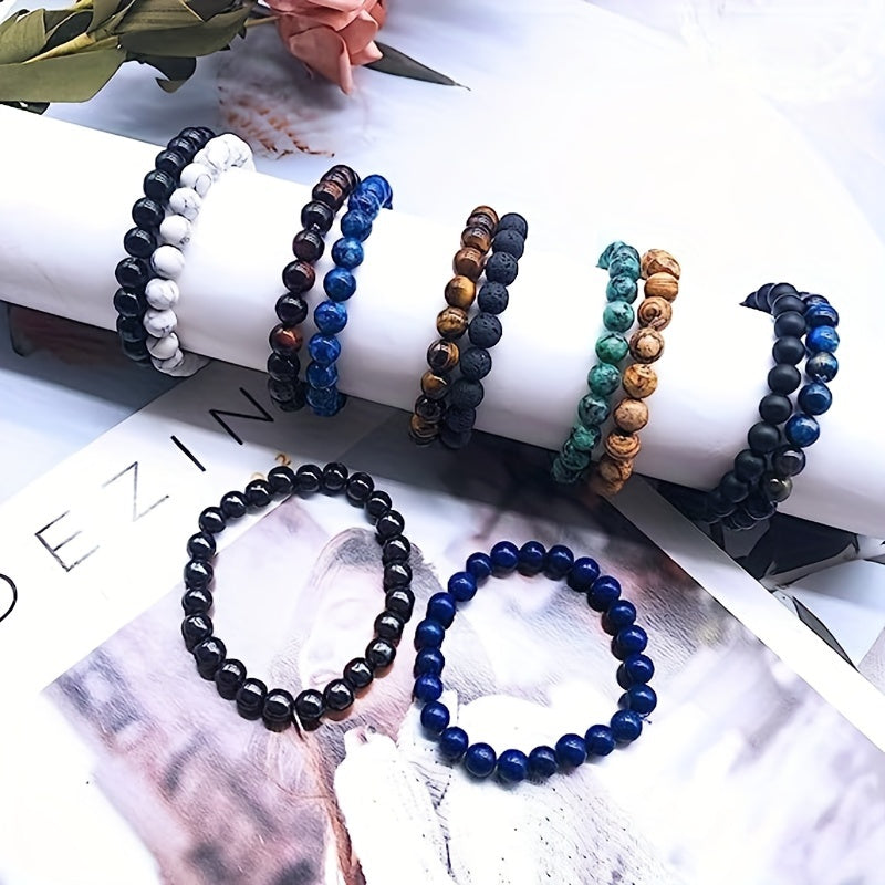 Tiger Eye Natural Stone Bracelet Set 10pcs - 8mm Round Beaded Stretch Bracelets for Men & Women, Unisex Boho Gemstone Jewelry, Holiday Gift