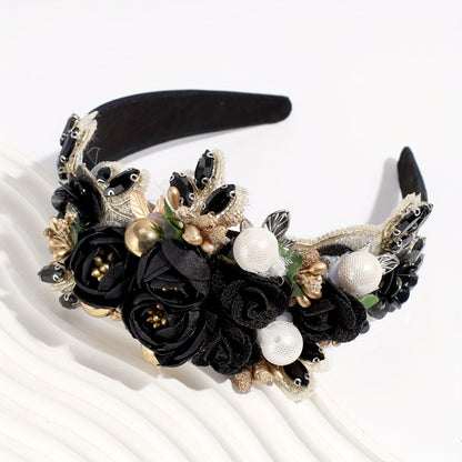 Rhinestone Pearl Headband for Women - Elegant Baroque Floral Fabric Hair Band for Wedding Bridal Bridesmaid Valentine's Day Party Prom Hair Accessories in Black White Pink Rose Red