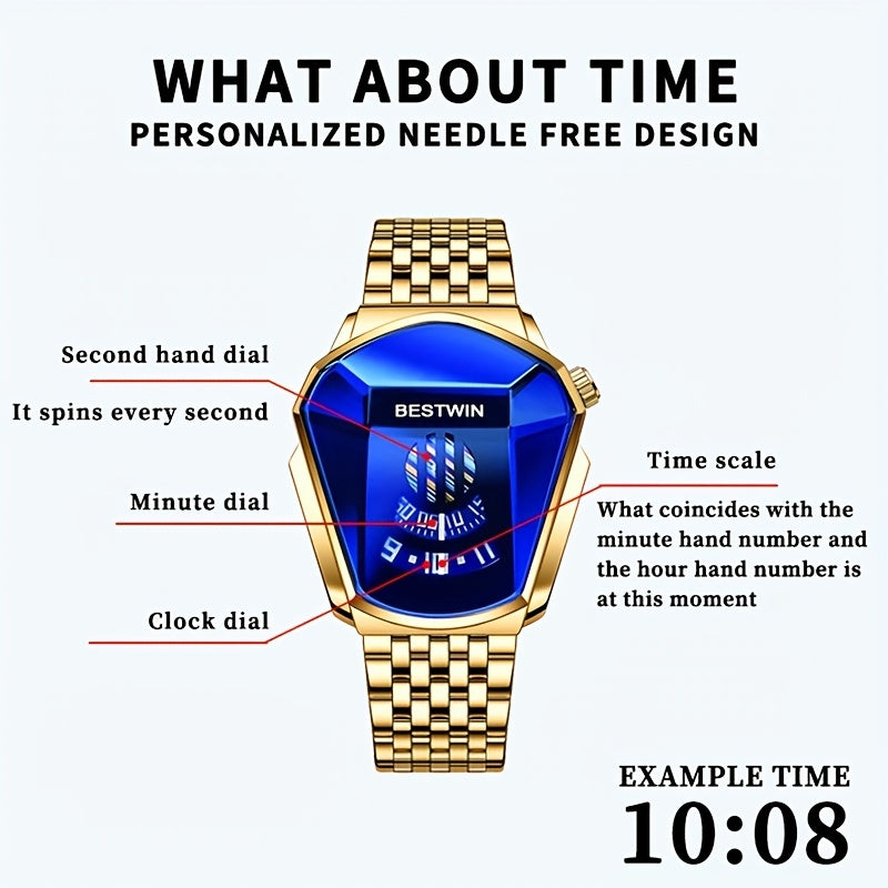 Unique Dashboard Design Men Watches Top Brand Fashion Blue Rhinestones Dial Steel Strap for Man Business Quartz Watch for Gifts