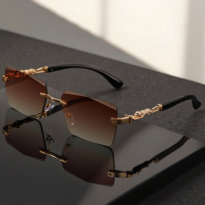 Luxury Frameless Sunglasses Gold Frame Leopard Arms UV400 – Narrow Rectangular Lens Rimless Eyewear for Men Women, Driving Travel Party, 5 Lens Options, Includes Case & Cloth