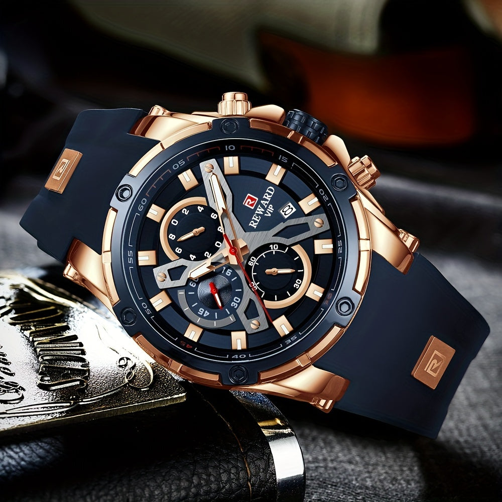 REWARD Sport Watch for Men - Luxury Studded Bezel Quartz Wristwatch, Luminous Dial with Date Display, Fashion Casual Chronograph Style Watch in Rose Gold Black Green