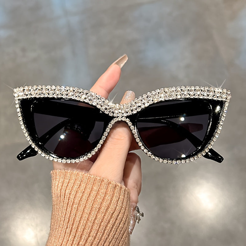 Rhinestone Cat Eye Glasses Women 2 Pack Sparkling Composite Frame Decorative Eyewear with Case Champagne Black Prom Costume Party Special Occasions Luxury Fashion