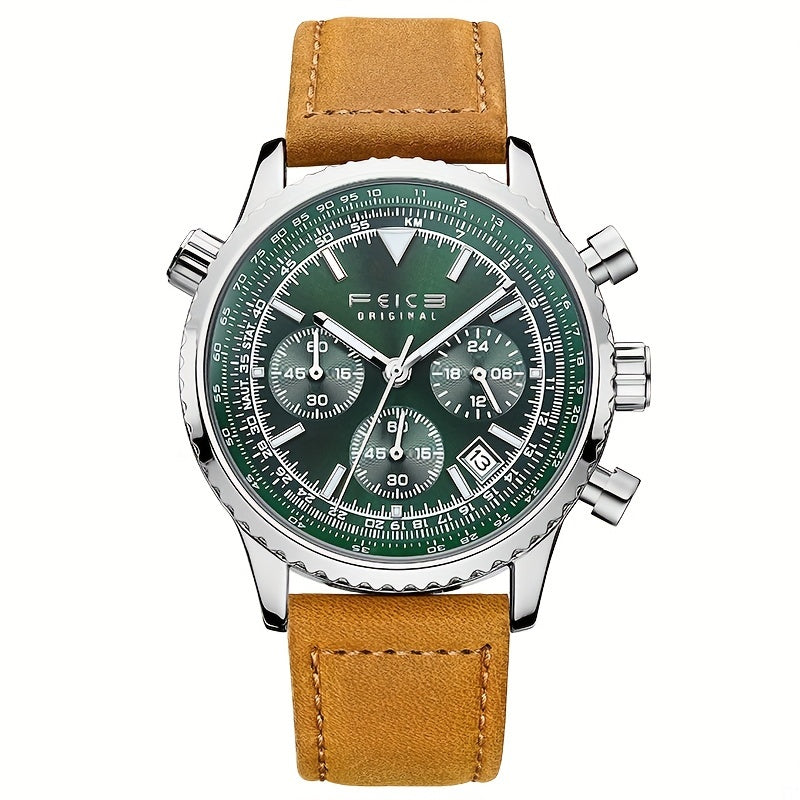 FEICE Brand Pilot Series Men'S Watches: A Versatile Blend of Business Formal And Casual Sports Styles, Featuring a Quartz Movement, Green Dial, Chronograph, Second Calendar, Luminous Indicators, And a 24-Hour Display. an Ideal Holiday Gift for Men