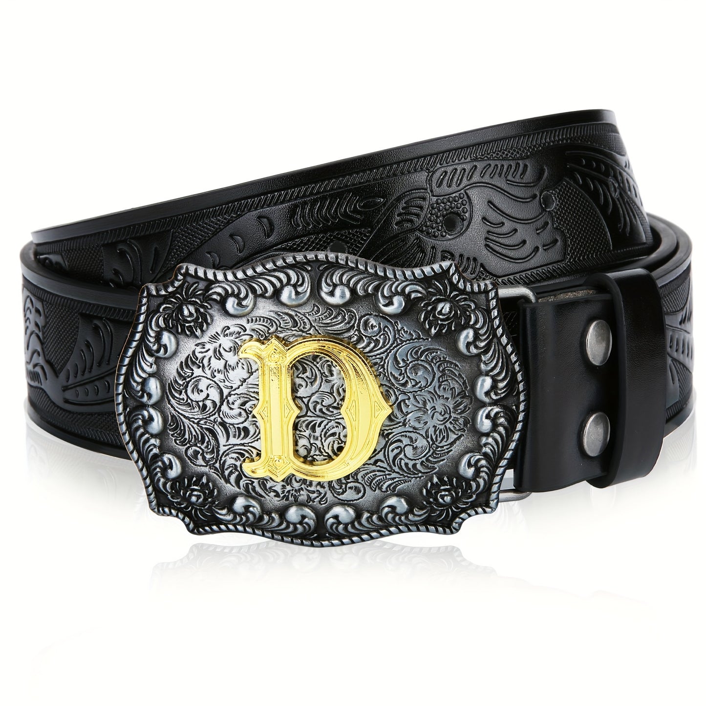 Western Belt for Men - Embossed Floral Cowboy Belt, Longhorn Bull Pattern Big Buckle, Faux Leather, Sizes 34-44, 23 Colors, Stylish & Durable
