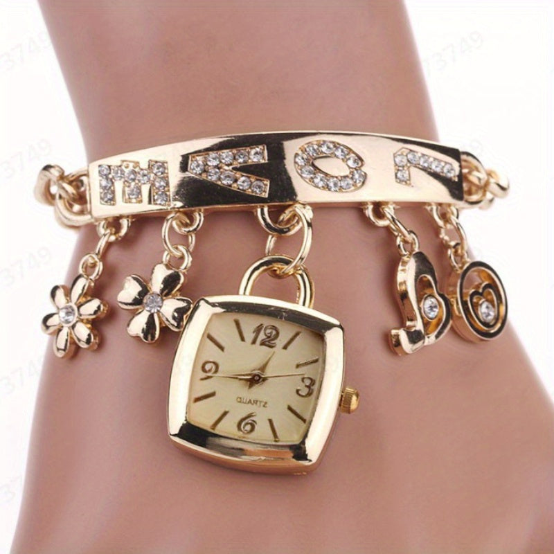 Women'S Bracelet Watch LOVE Quartz Watch Flower Decor Tonneau Dress Watch Ladies Exquisite Casual Watch Anniversay Birthday Christmas New Year Gifts