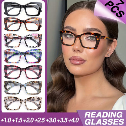 Reading Glasses for Women 7 Pack - Large Square Frame with Spring Hinges Vintage Print Design +1.0 to +4.0 Magnification, Durable PC Frame Comfortable Fit Stylish Readers for Everyday Use