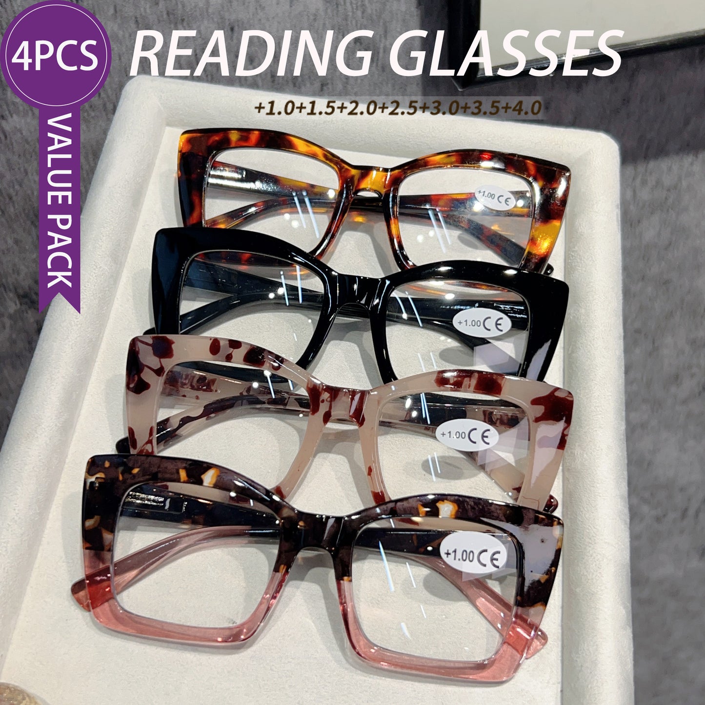 Reading Glasses 4-Pack — Cat Eye Oversized Frames for Men & Women, Sturdy Spring Hinges, Fashion European Style, Strengths +100 to +400