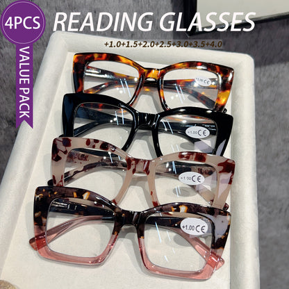 Reading Glasses 4-Pack — Cat Eye Oversized Frames for Men & Women, Sturdy Spring Hinges, Fashion European Style, Strengths +100 to +400
