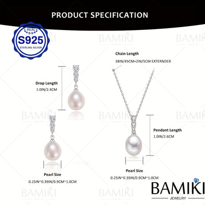 Pearl Pendant Necklace Set S925 Sterling Silver Freshwater Cultured Pearl 9-10MM Pendant Jewelry Set for Women Gift