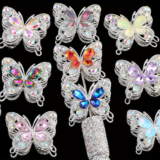 6pcs Rhinestone Butterfly Beads For Pens, Double-Sided Butterfly Charms For Jewelry Making Accessories, Pens, Bracelets, Necklaces, Assorted Varieties Mix Colors