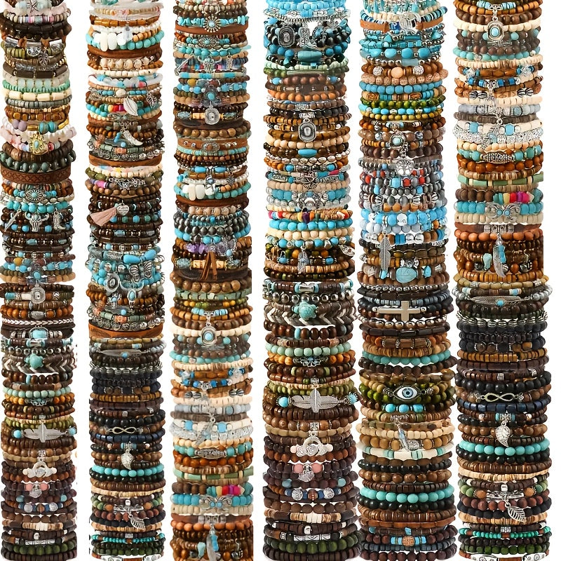 [Bohemian Wooden Beaded] 42pcs Set Vintage Style Bohemian Wooden Beaded Random Bracelets, Fashionable Stacking Bracelet Set For Women, Ethnic Men's Outdoor Accessory Collection