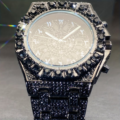Men's Big Face Hip Hop Watch - Rhinestone Iced Out Dial, Glow-in-the-Dark Hands, Calendar Function, Bold Statement Wristwatch for Social Events & Luxury Gift
