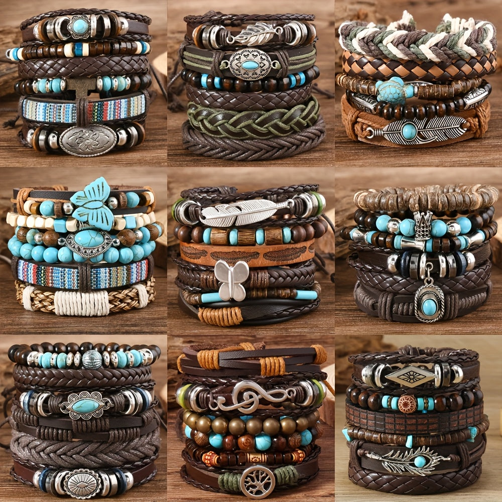 Boho Bracelet Set 48pcs – Vintage Western PU Leather & Turquoise Beaded Multilayer Bangles with Feather & Floral Charms, Unisex Fashion Jewelry for Women & Men