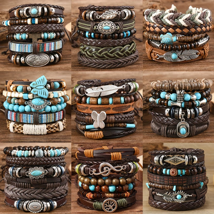Boho Bracelet Set 48pcs – Vintage Western PU Leather & Turquoise Beaded Multilayer Bangles with Feather & Floral Charms, Unisex Fashion Jewelry for Women & Men