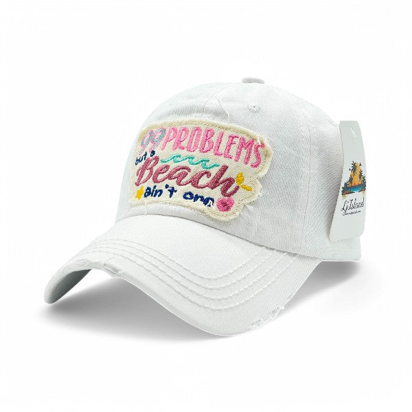 99 Problems But Beach ain't one Vintage Distressed Embroidered Baseball Cap For Women - 100% Cotton, Breathable, Casual, Adjustable, UV Protection