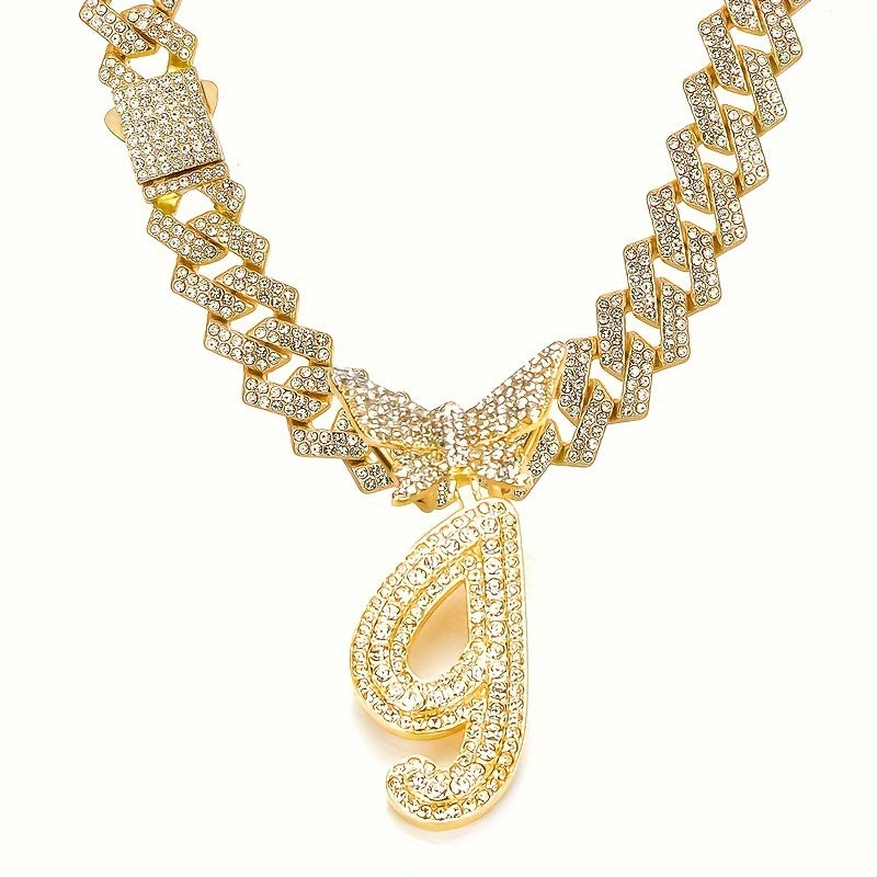 Cuban Link Chain Necklace - Initial Letter for Men Women - with Butterfly Alphabet Pendant A-Z, Gold & - product detail view