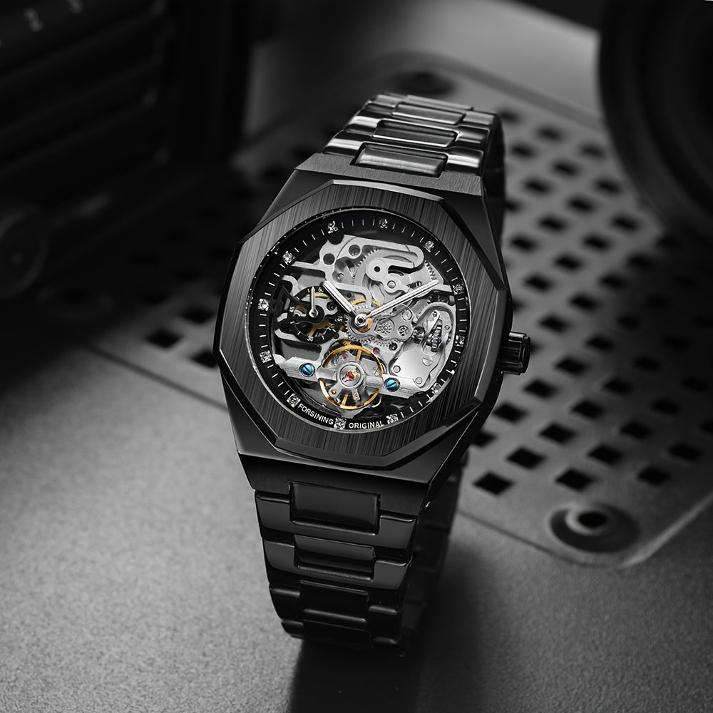 1pc FORSINING Men's Luxury Mechanical Watch - Skeleton Tourbillon, Luminous Hands, Stainless Steel Band, Irregular Case, Fashion Casual Style, Ideal for Christmas, Father's Day Gift, Luxury Business Watch | Automatic Watch | Without Battery