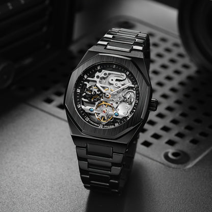 FORSINING Skeleton Tourbillon Automatic Mechanical Watch for Men – Luminous Hands, Stainless Steel Band, Irregular Case, Luxury Business Gift