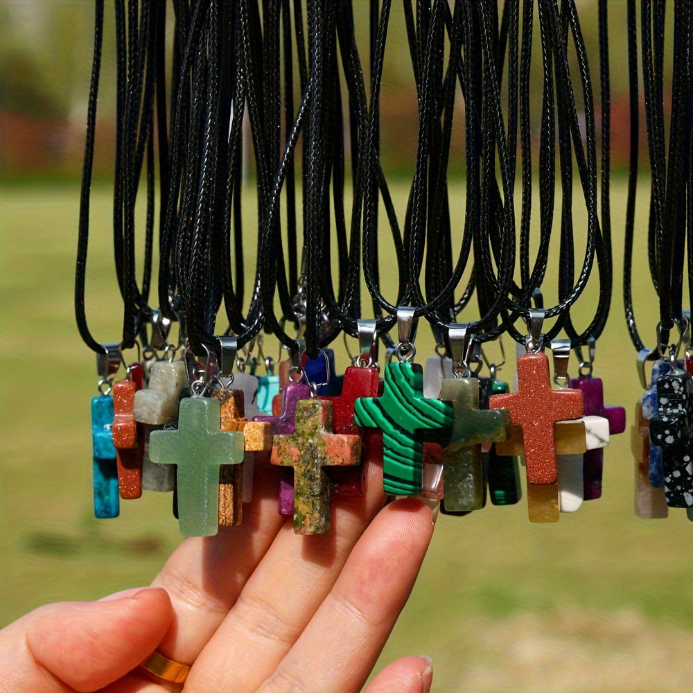 40pcs hybrid natural stone cross pendant- 20pcs stylish cross pendant with 20pcs adjustable black imitation leather necklace, quartz imitation gem jewel for DIY necklaces, bracelets and earrings, for Teenager