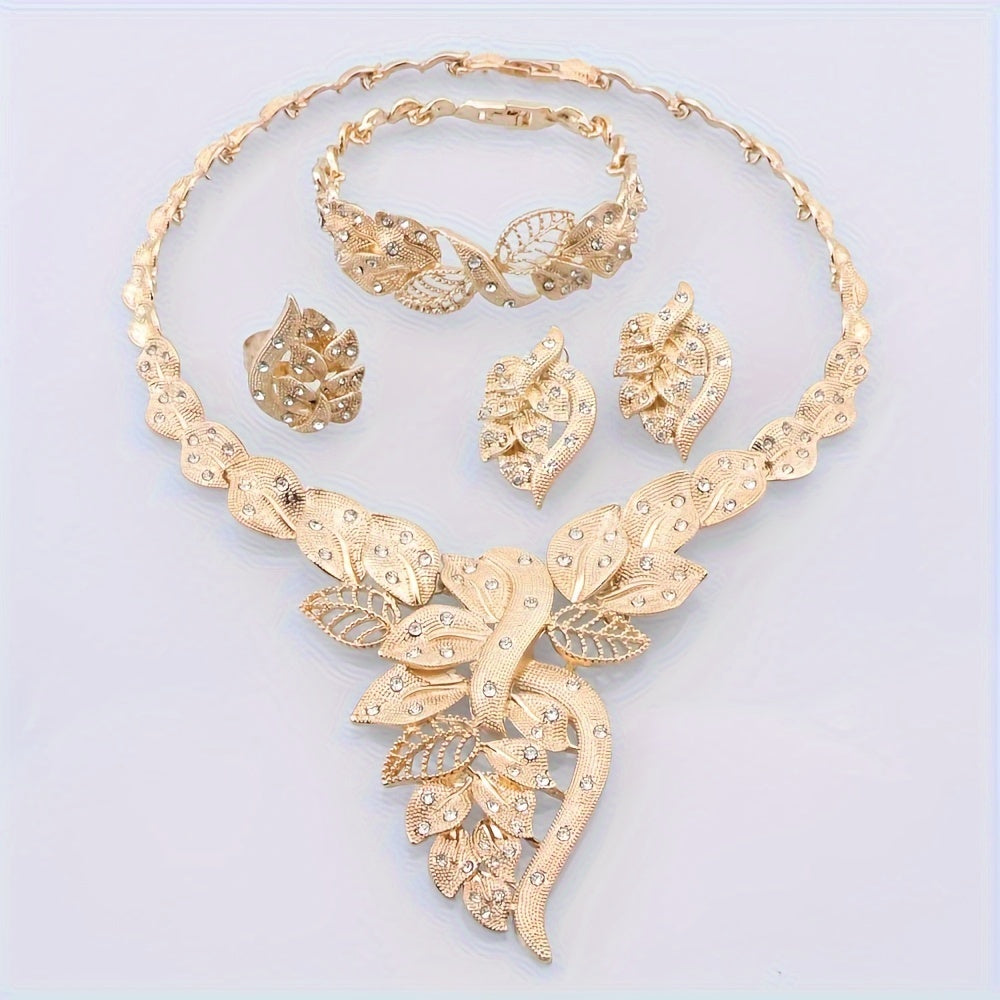 Elegant Jewelry Set: Necklace + Earrings + Bracelet + Ring, 4-in-1 Set Inlaid Rhinestones, Christmas Gifts Halloween Costume Accessories, Holiday Party Dress Up Various Formal Dinners Prom Parties Wedding Receptions Evening Gown