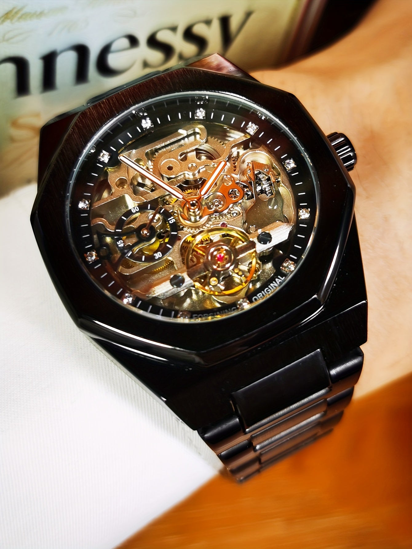 1pc FORSINING Men's Luxury Mechanical Watch - Skeleton Tourbillon, Luminous Hands, Stainless Steel Band, Irregular Case, Fashion Casual Style, Ideal for Christmas, Father's Day Gift, Luxury Business Watch | Automatic Watch | Without Battery