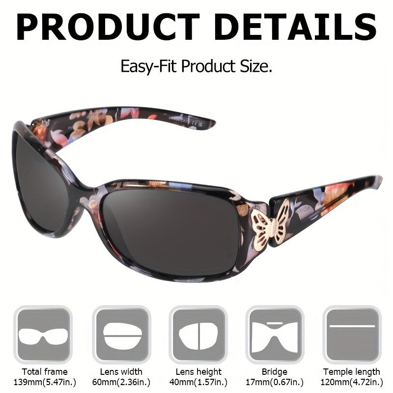 Wrap Around Sunglasses for Women, Polarized Butterfly Decor Fashion Glasses with UV Protection, Trendy Floral & Gradient Frames — Includes Case & Cleaning Cloth, Stylish Everyday Eyewear