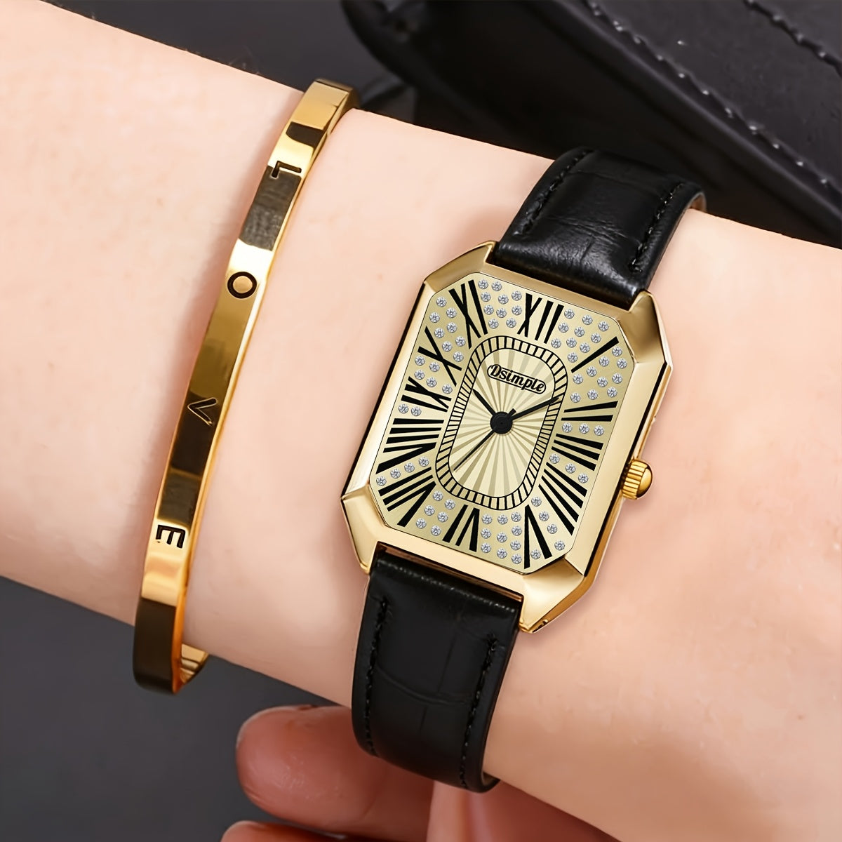 A 2pcs Women's Watch Gift Set Featuring a Trendy Open Bangle Combination with a Casual Quartz Watch, Classic Vintage Rectangular Dial Watches for Men, Christmas, Birthday Gifts, Reloj Para Hombre.(Box Not Included).