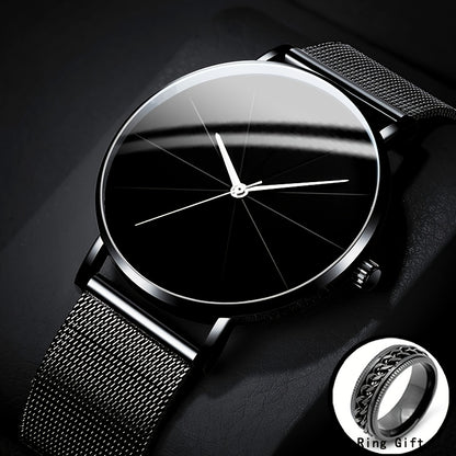 Minimalist Large Dial Watch for Men & Women - Rose Gold Case Mesh Strap Japanese Quartz Movement, Elegant Analog Zinc Alloy Unisex Dress Watch in Black Rose Gold