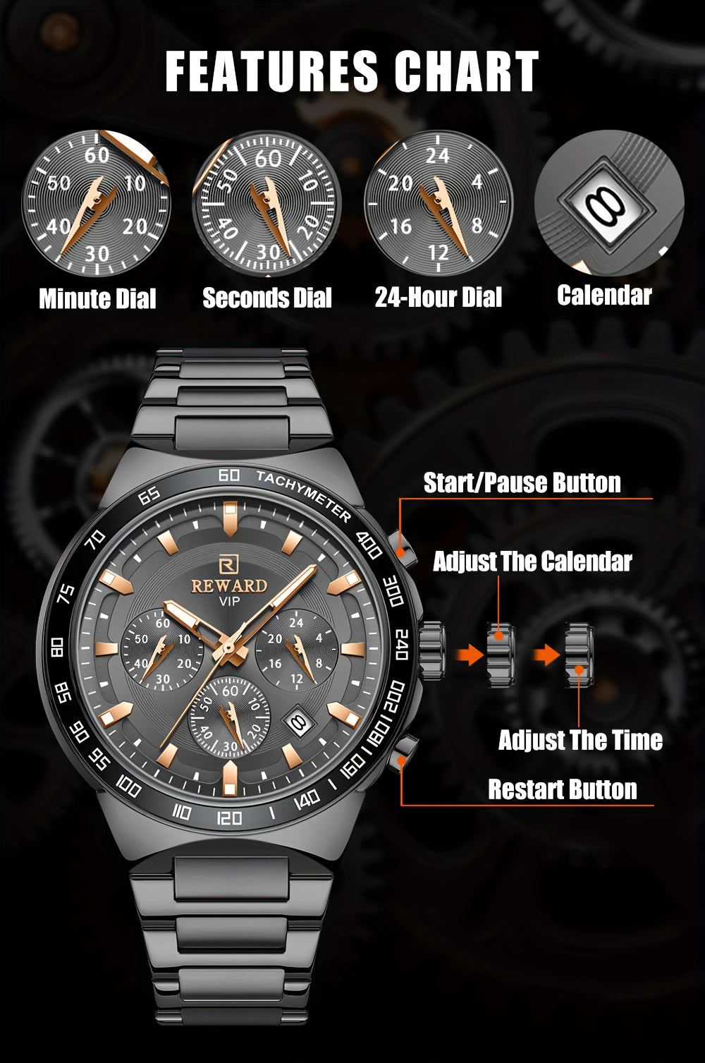 REWARD VIP Ice -Blue Quartz Watches For Men Sport Chronograph Luminous Wrist Watches Stainless Steel Wristwatch