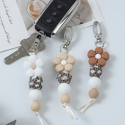 Flower Bead Keychain Set 3 Pcs - Cute Mini Floral Beaded Keychains for Women Girls, Handmade Aesthetic Flower Keyring Bag Charm, Boho Cottagecore Keychain Accessories Holiday Gift Set