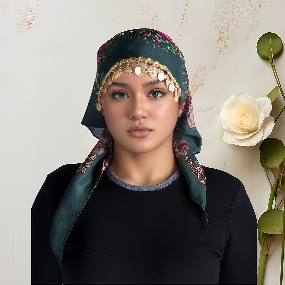 Elegant Golden Chain Headscarf - Breathable Lightweight 100% Polyester Shawl with Intricate Floral Print, Adjustable Closure for Ramadan & Special Occasions, Multi-Color Traditional Headgear