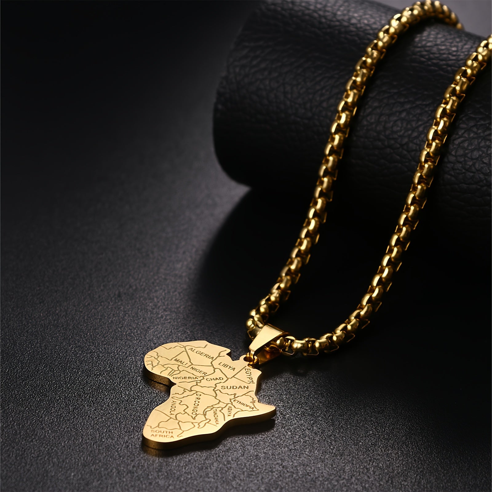 Flongo Men's Classic African Necklace Stainless Steel African Map Necklace Pendant with Wheat Chain