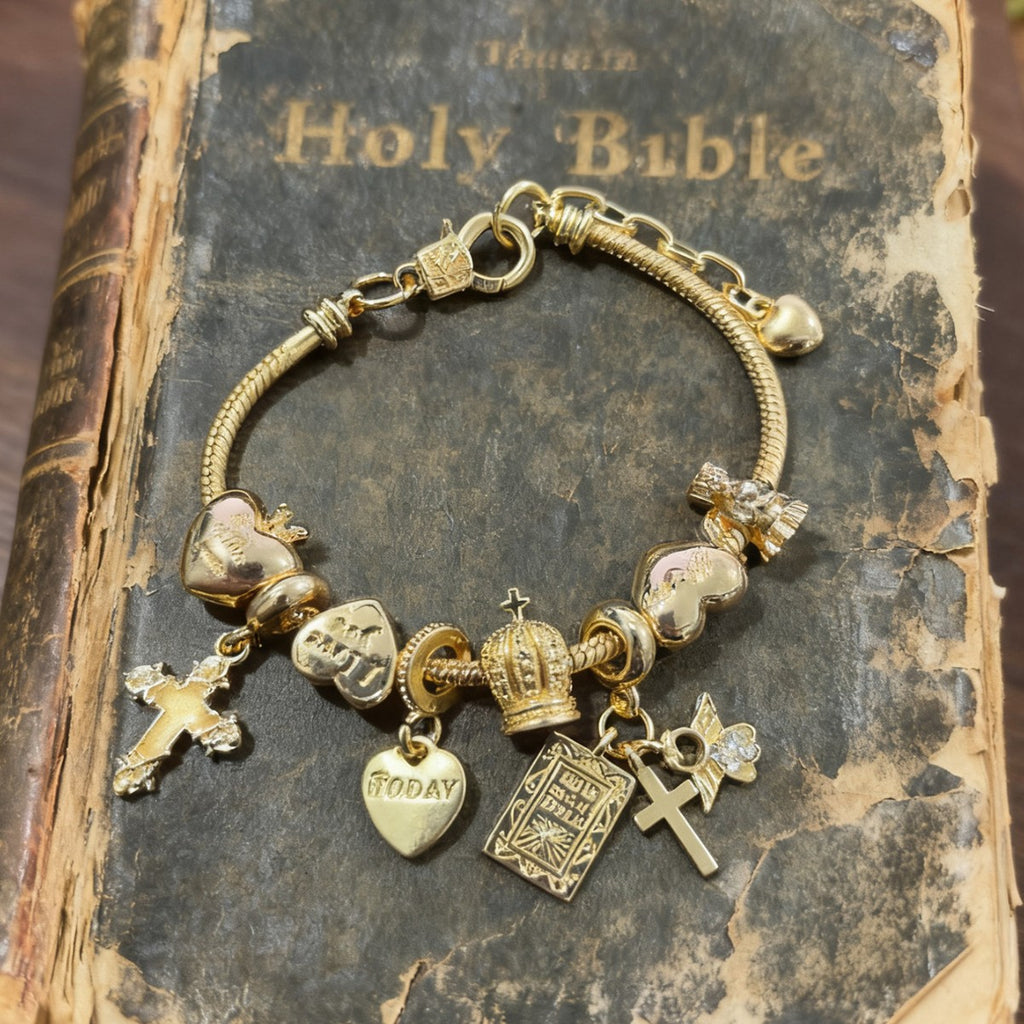 Luminous Cross Bible Angel Crown Charm Bracelet Suitable for - Detachable Adjustable Religious with Bible Charms, Bohemian Gift for &, Year-Round Wearable for Christmas, Birthdays, Mardi Gras (Pan Family Bracelet)