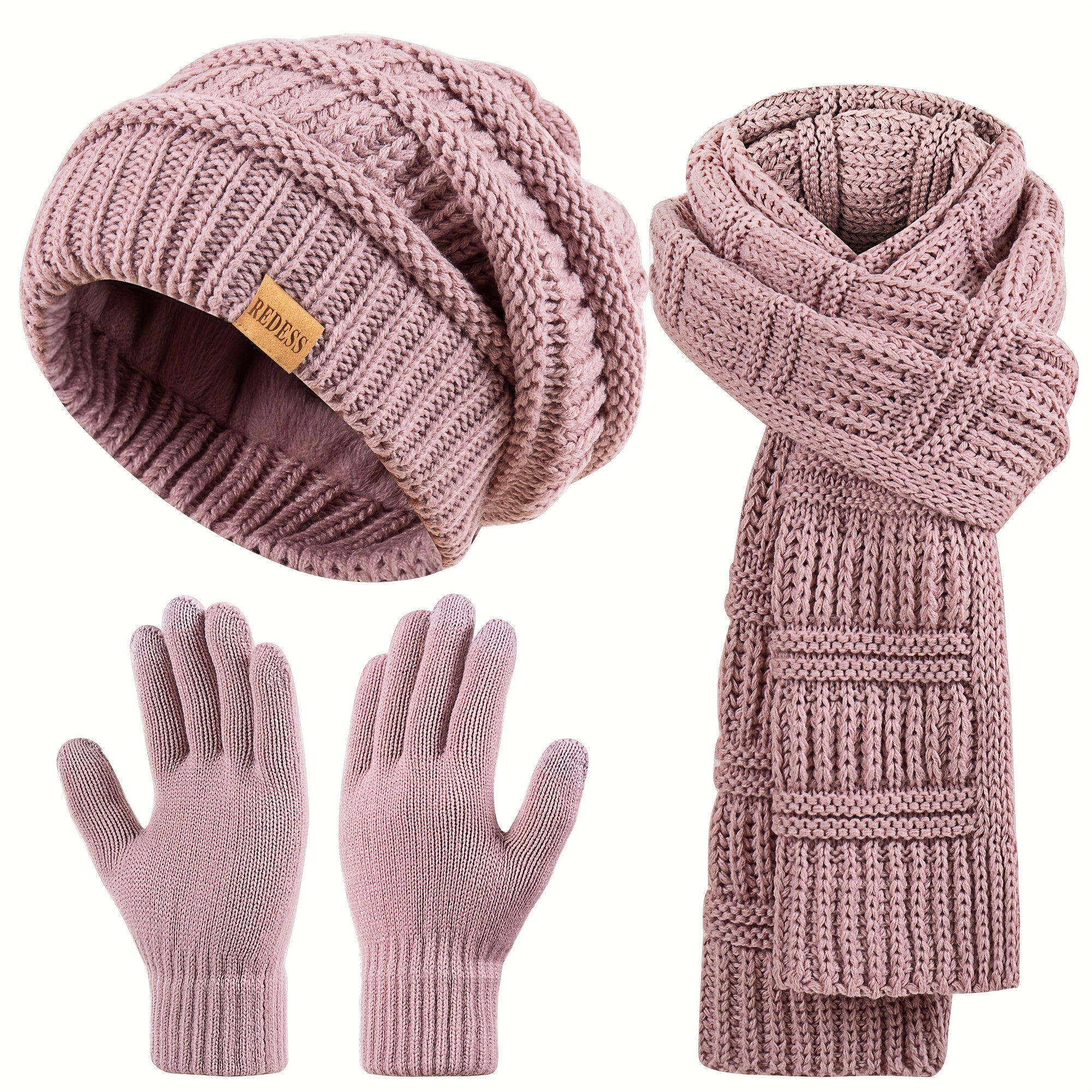 Women'S 3-in-1 Winter Set: Hat, Long Scarf & Touchscreen Gloves - Soft Warm Neck Warmer, Elastic Fit for Smartphones/Camera Use, Elegant Solid Color (/PinkRed/) - Christmas & Thanksgiving Gifts for Women, Durable & Versatile Cold Weather Accessories