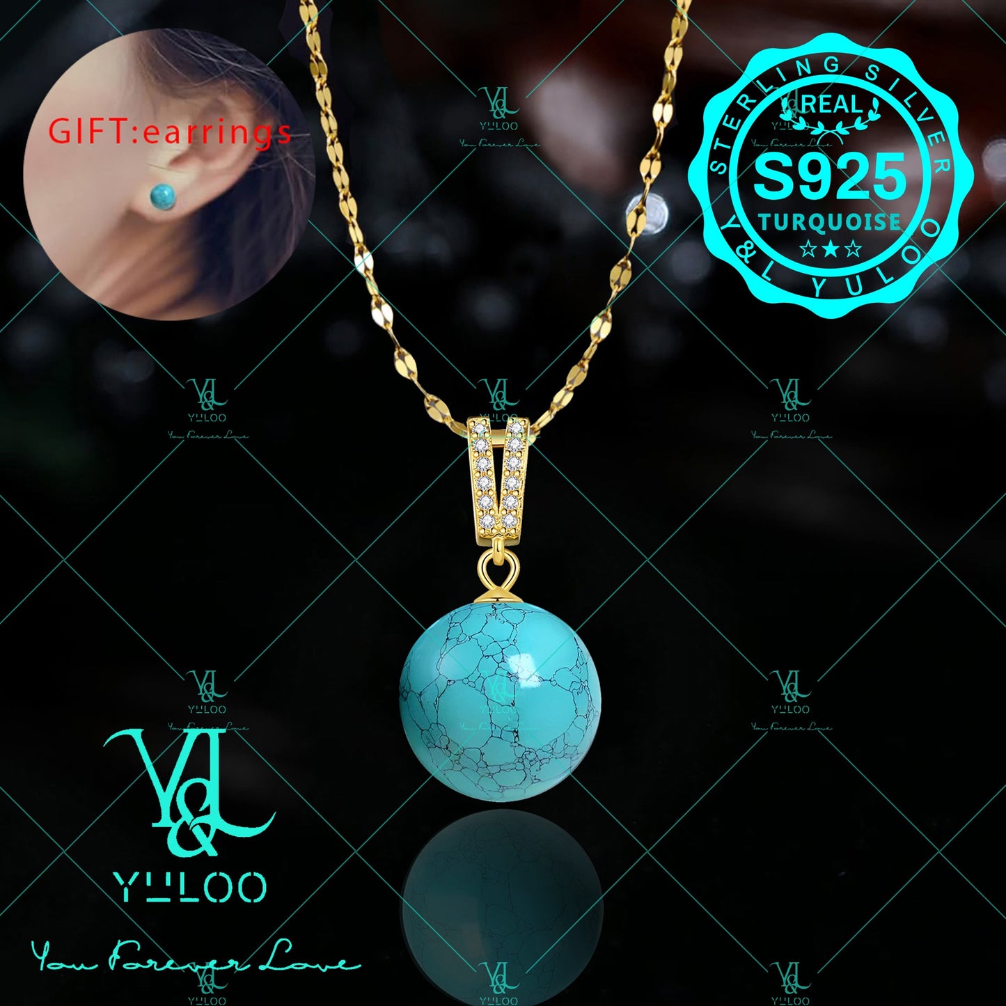 Turquoise Pendant Necklace S925 Sterling Silver Natural Genuine Turquoise 18+2 Inch Adjustable Chain with Bonus Earrings Gift for Women
