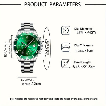 Men's Classic Business Watch | Stainless Steel Quartz Wristwatch with Date Display, Sleek Dress Watch for Men in Blue, Green, Black & White – Valentine's Day Gift